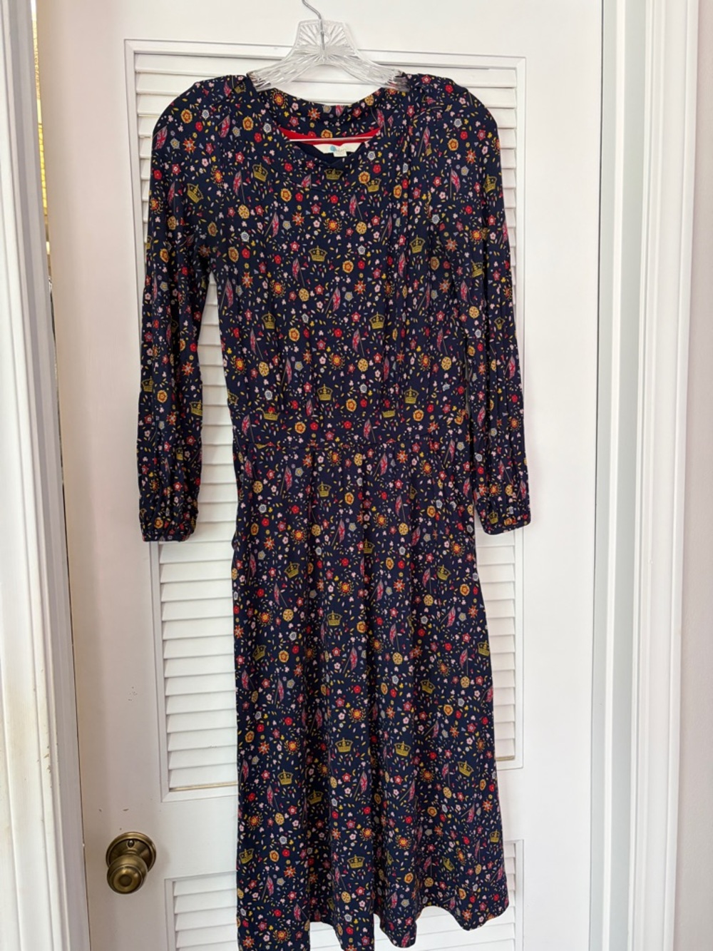 Boden Navy Floral Long-Sleeve Midi Dress with Pink and Yellow Accents